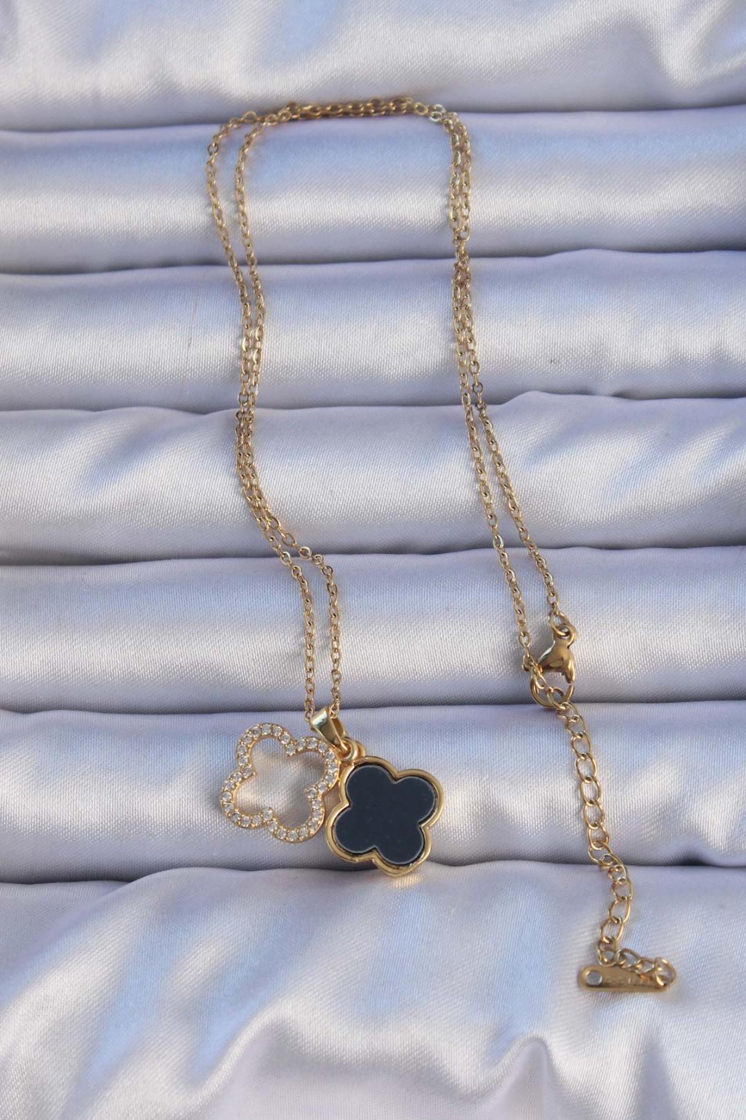 Gold Renk Siyah Mineli Zirkon Taşlı Yonca Figürlü Kolye